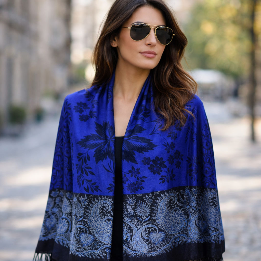 Royal Blue/Black Floral Jacquard Shawl
